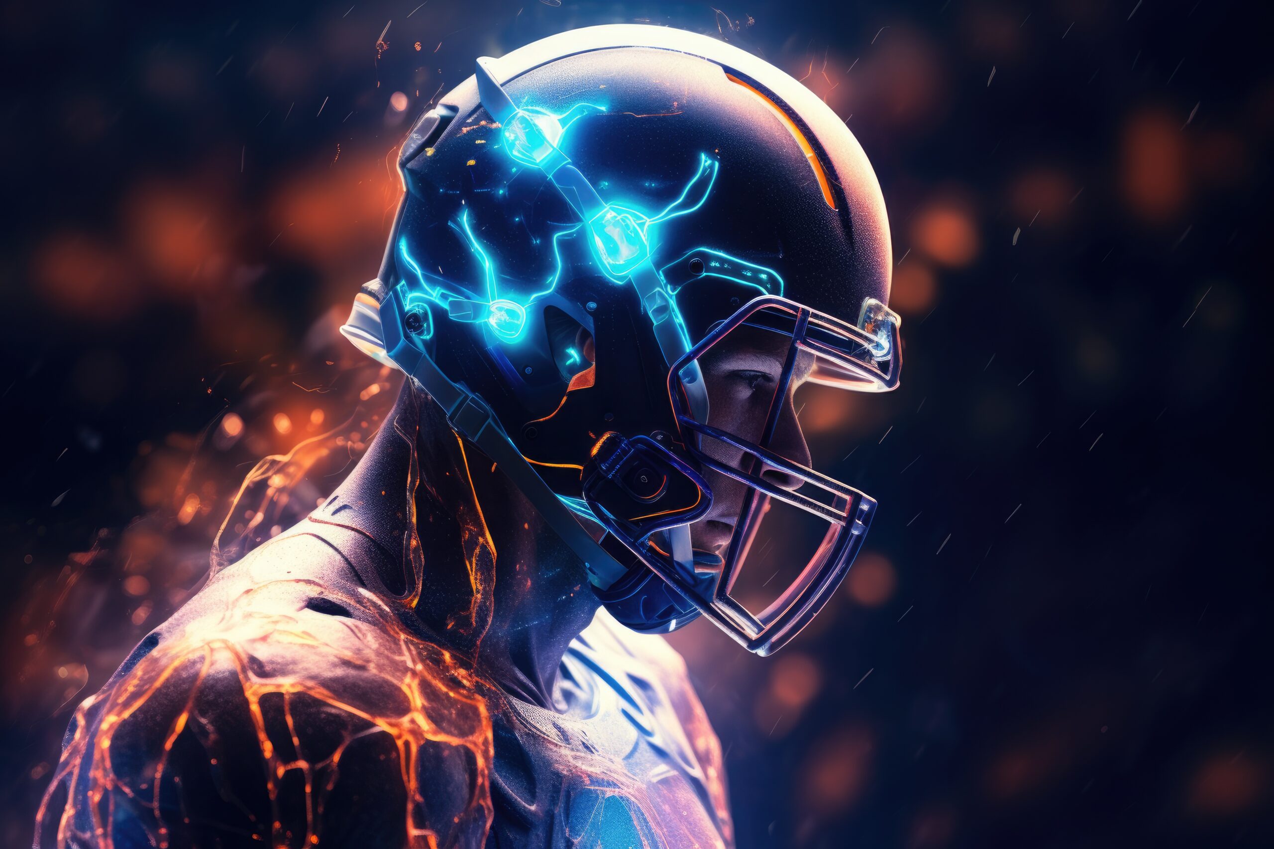 futuristic football soccer player with glowing lights scaled